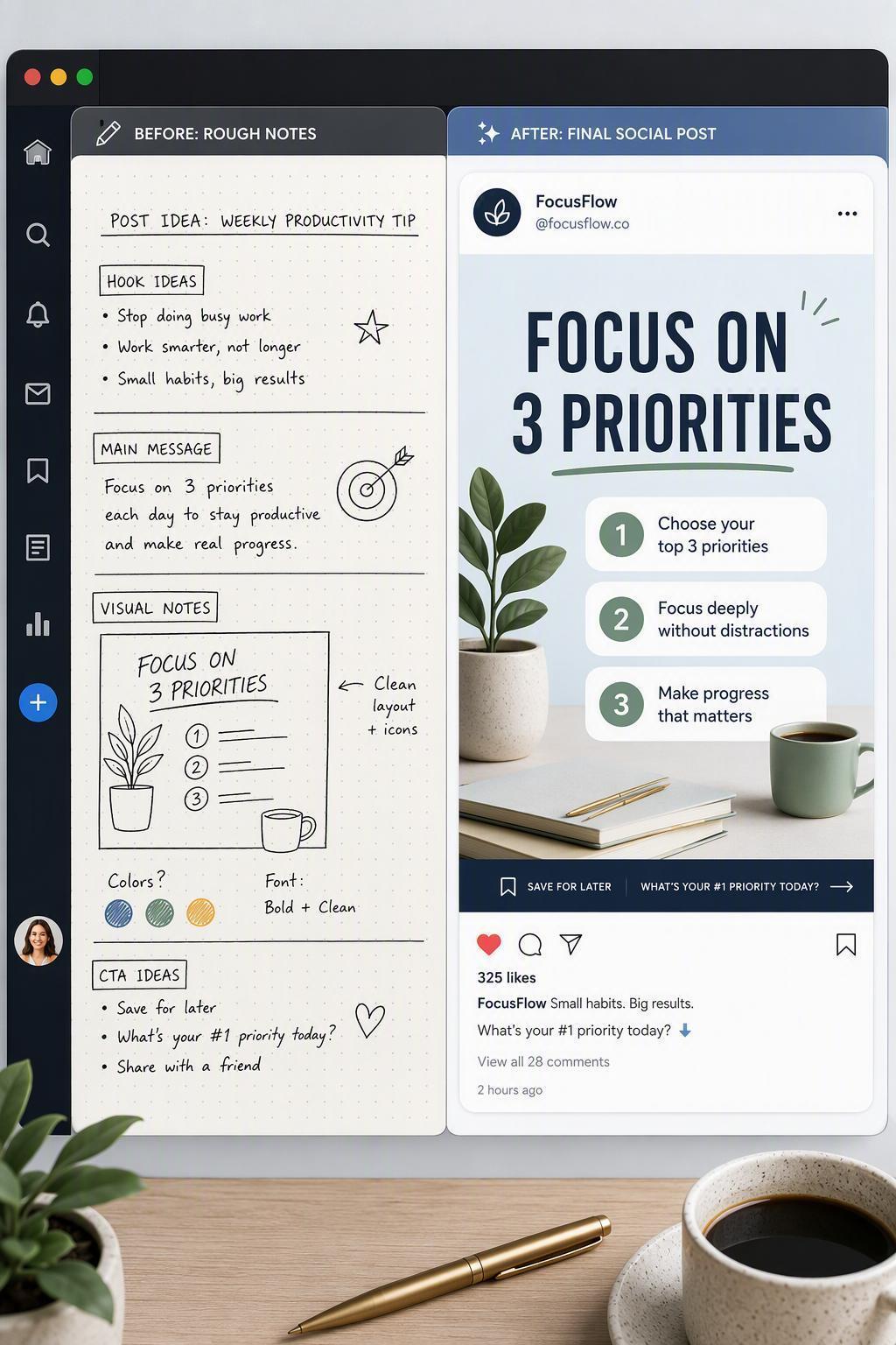 Illustrative comparison of rough productivity notes and a structured social post about three priorities