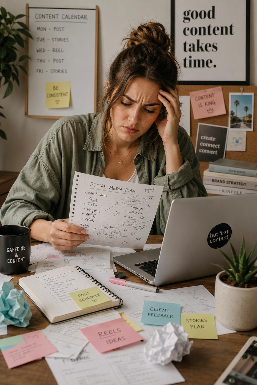 Social media manager reviewing incomplete notes and unanswered questions at a desk