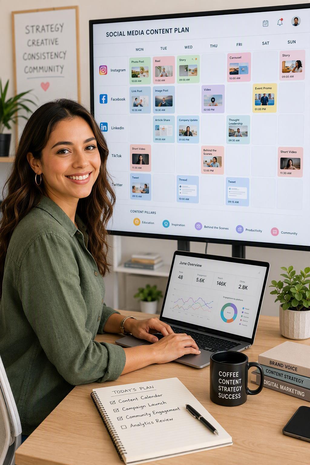 Social media manager reviewing an illustrative content calendar and approval workflow