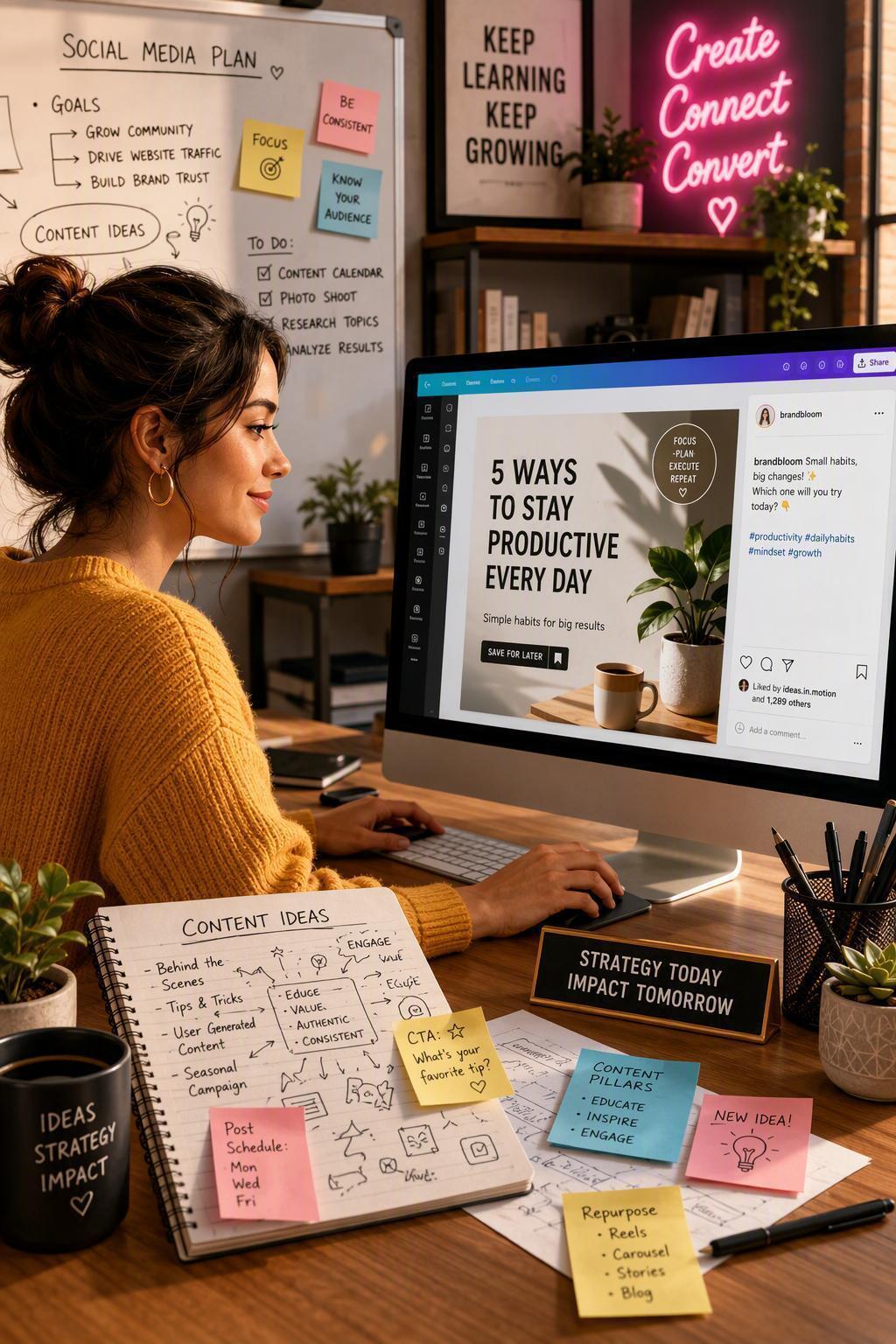 Social media manager planning a message with notes, a content plan, and a draft on screen