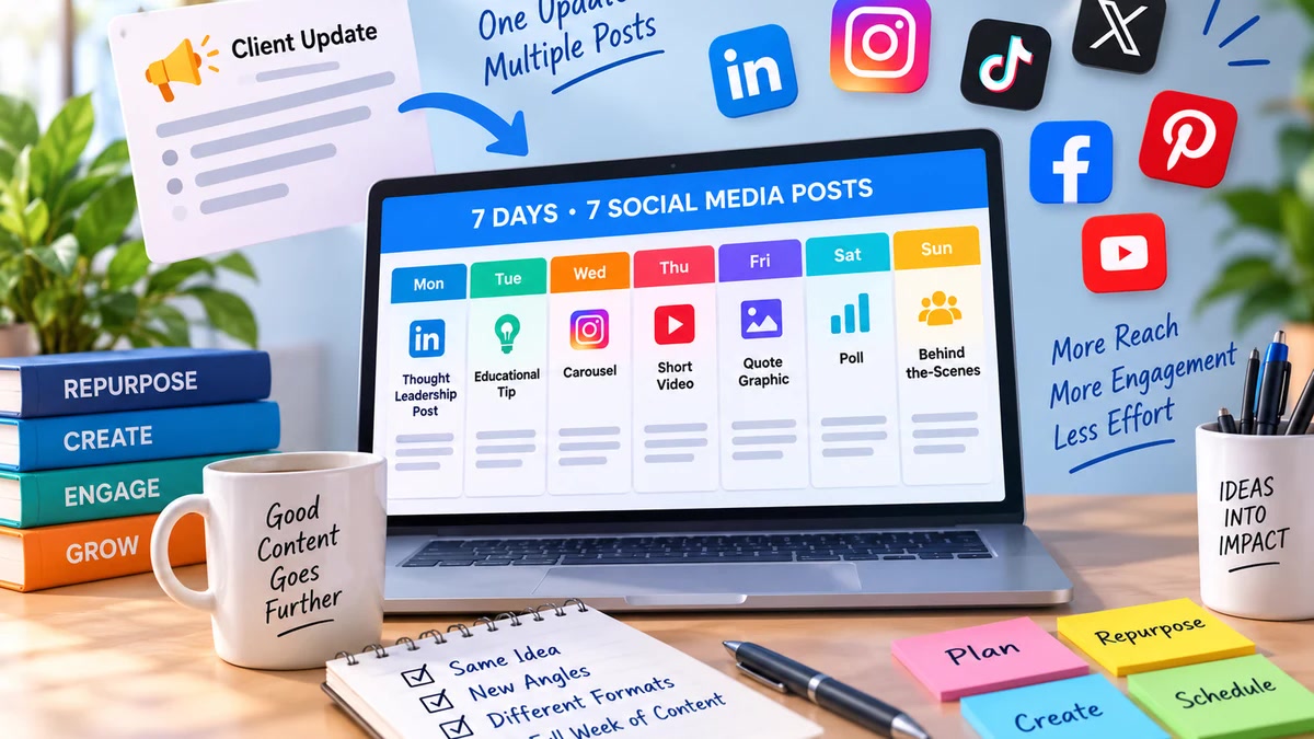Seven-day social media content calendar showing how one client update becomes seven platform-ready posts, with LinkedIn, Instagram, TikTok, X, Facebook, Pinterest, and YouTube icons