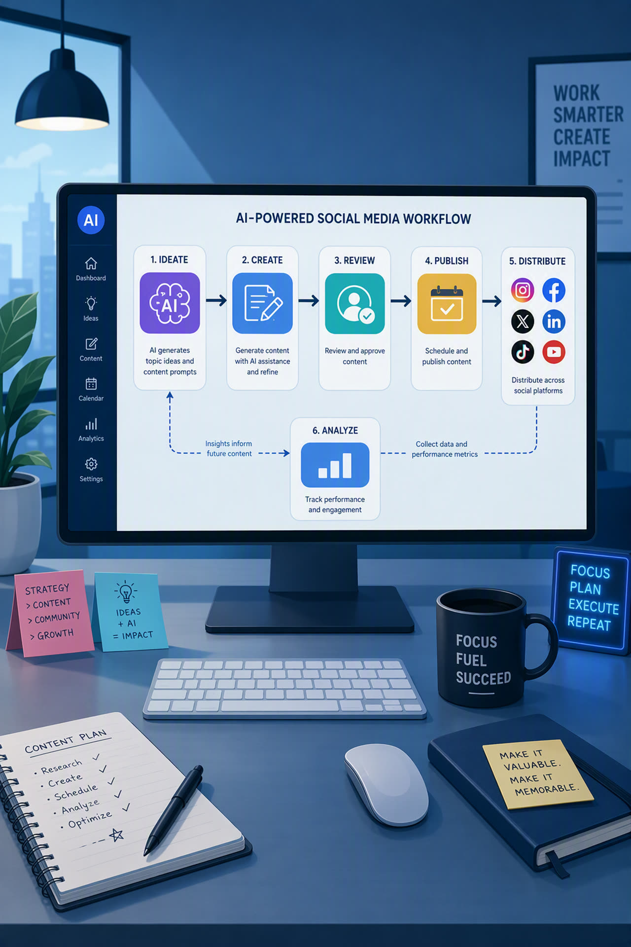A six-step AI-powered social media workflow diagram showing ideate, create, review, publish, distribute, and analyze, arranged in a cycle