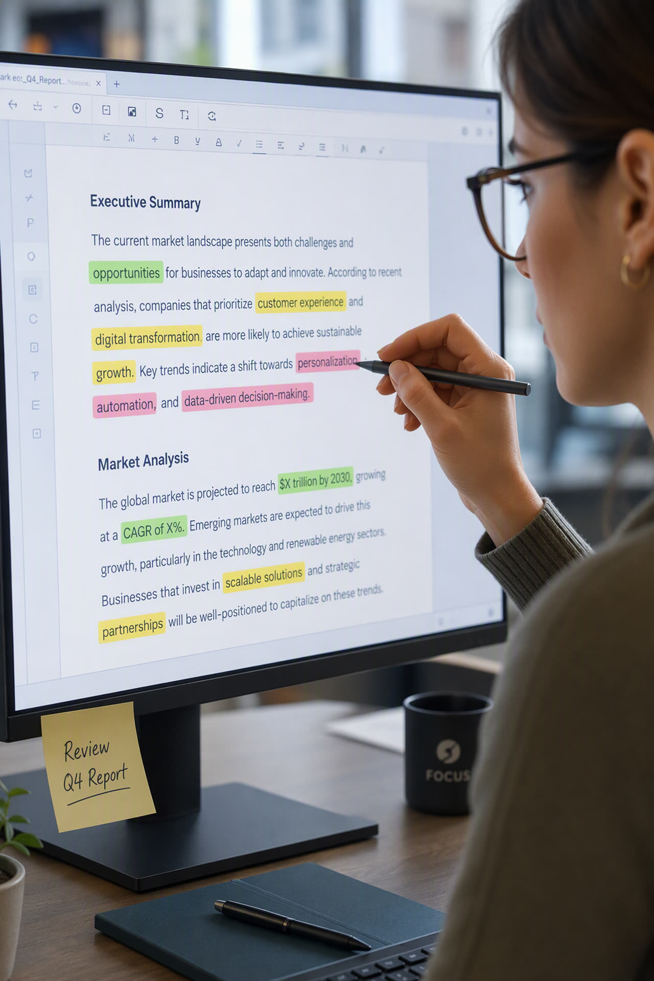 A person highlighting key phrases such as opportunities, customer experience, and data-driven decision-making in a report on screen while planning content
