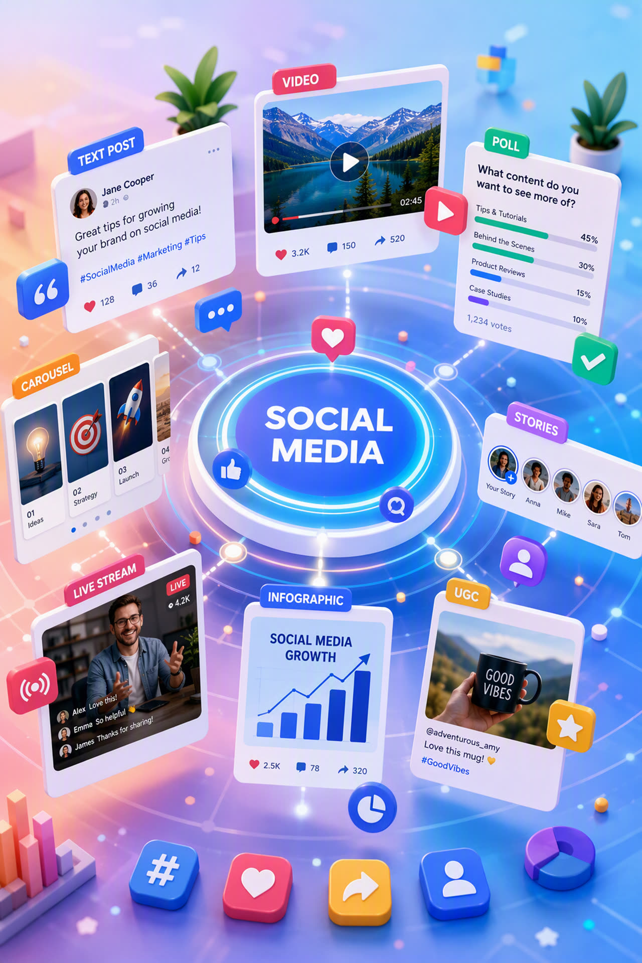 A collage of social media post formats - text post, video, poll, carousel, live stream, infographic, and user-generated content - arranged around a glowing Social Media icon
