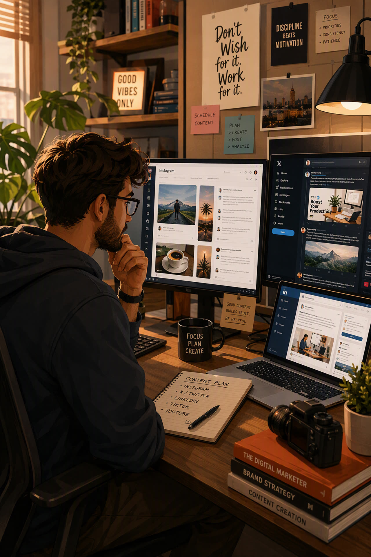 A content manager reviewing Instagram, X, and LinkedIn drafts across two monitors and a laptop, with a content plan notebook listing Instagram, X, LinkedIn, TikTok, and YouTube on the desk
