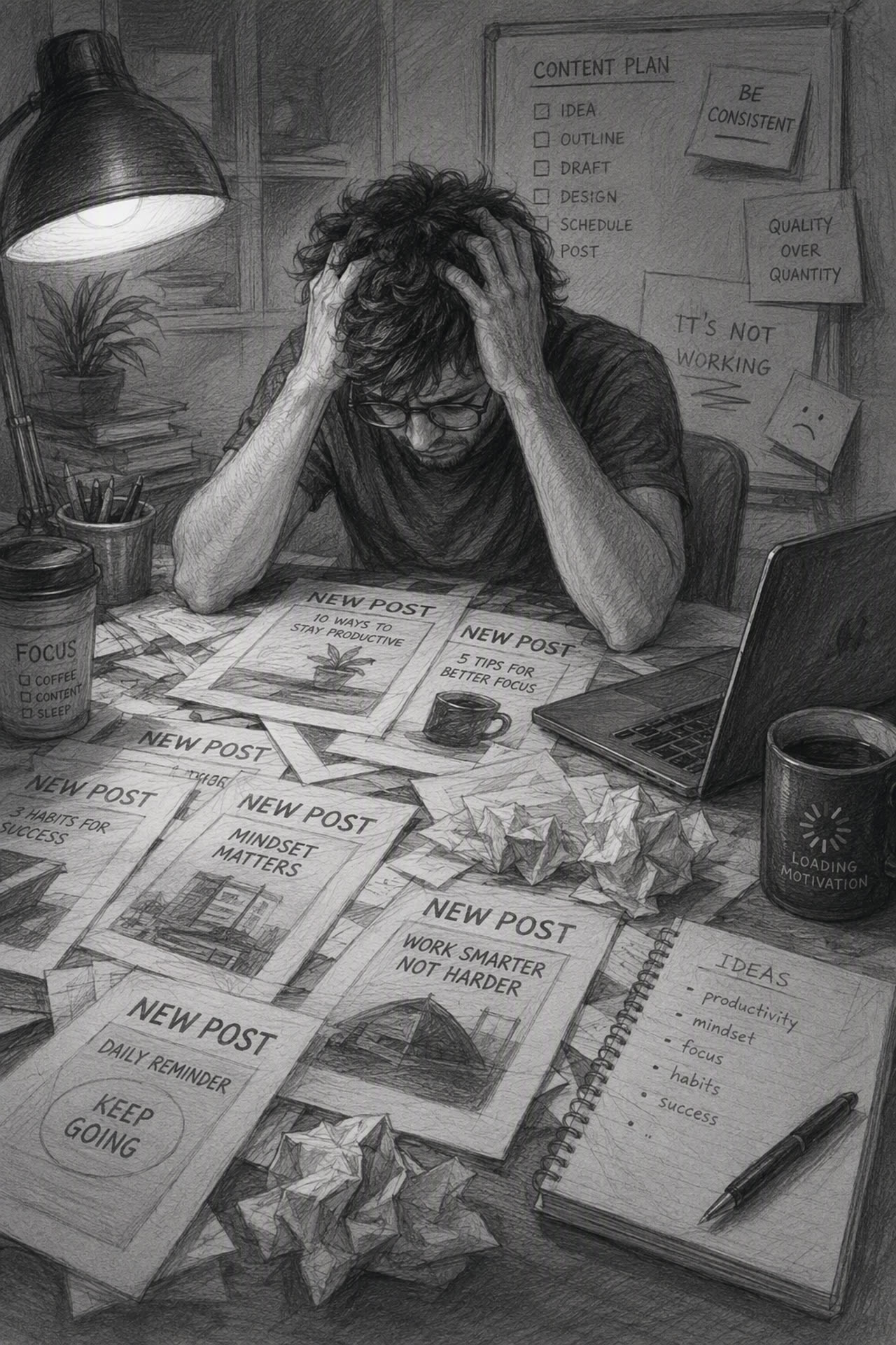 A sketch of a frustrated content manager surrounded by repetitive new-post drafts, crumpled paper, and a content plan checklist reading it's not working