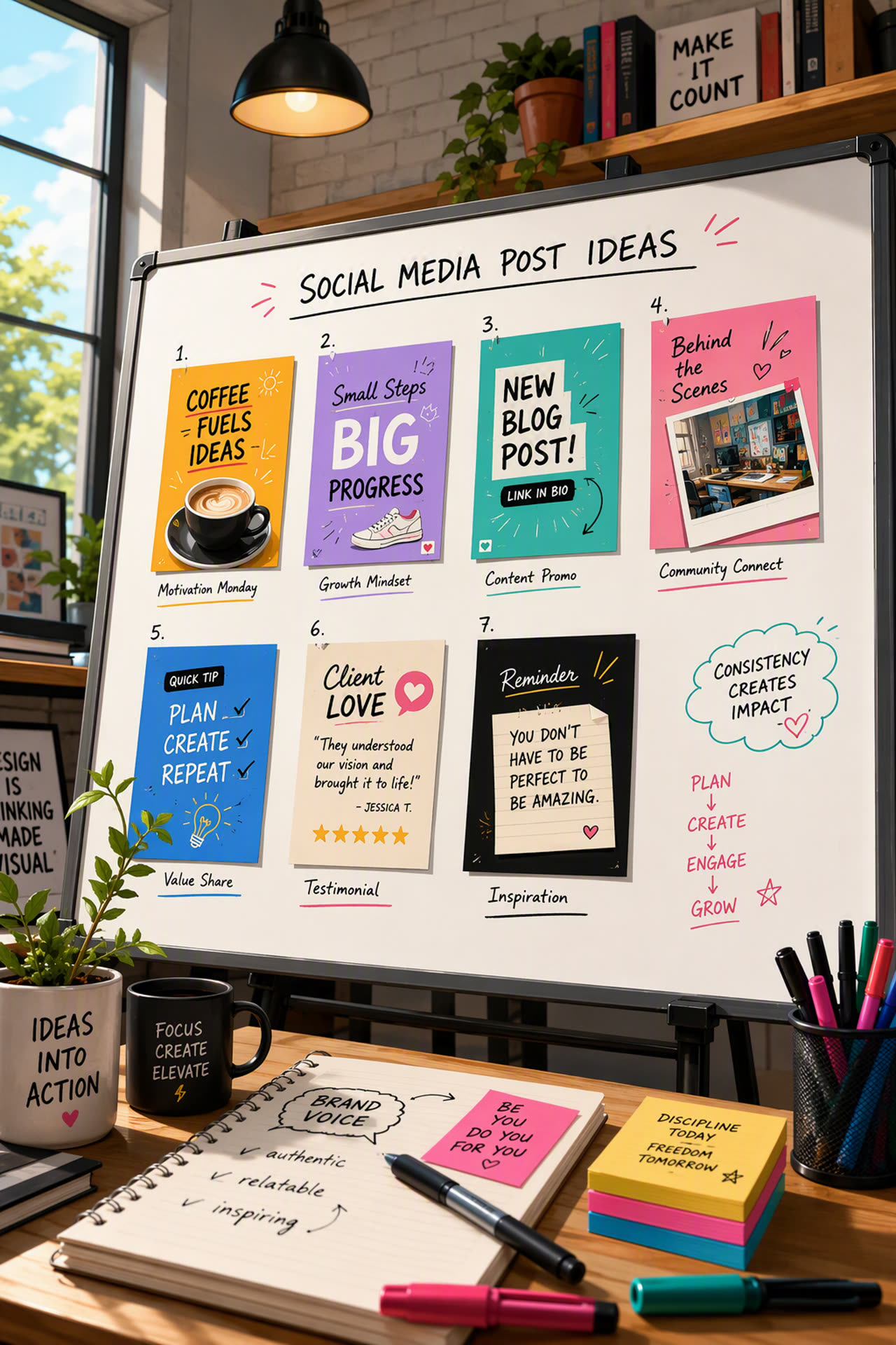 A whiteboard of seven social media post ideas including motivation Monday, growth mindset, new blog post, behind the scenes, a quick tip, client love, and a reminder, next to a notebook listing brand voice guidelines