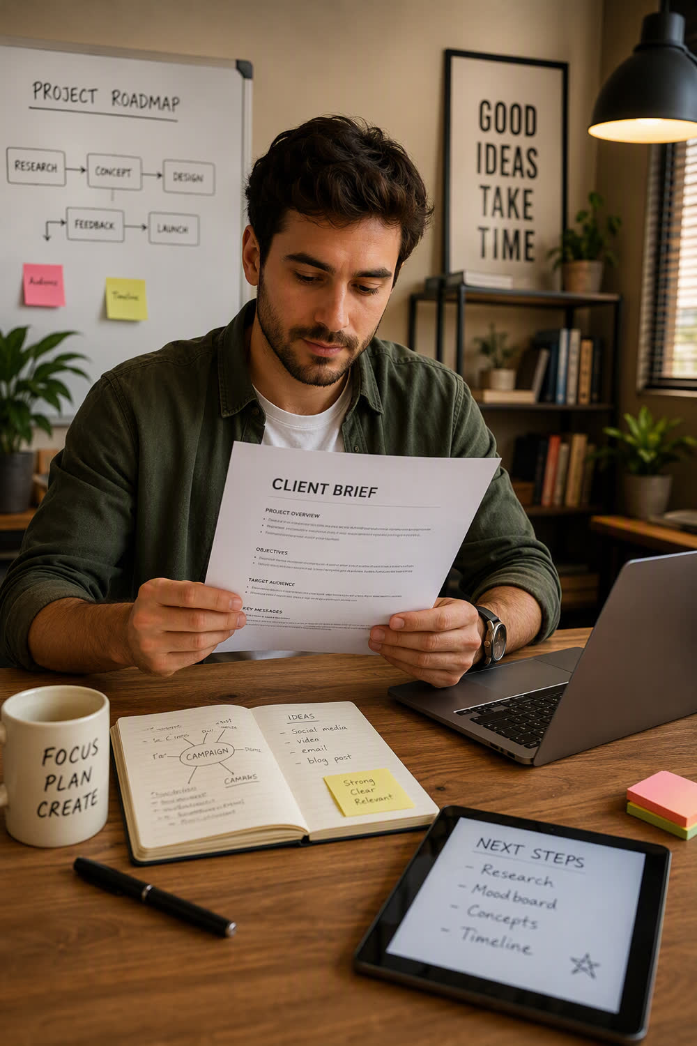 A person reviewing a printed client brief at a desk, next to a notebook of campaign ideas and a tablet showing next steps