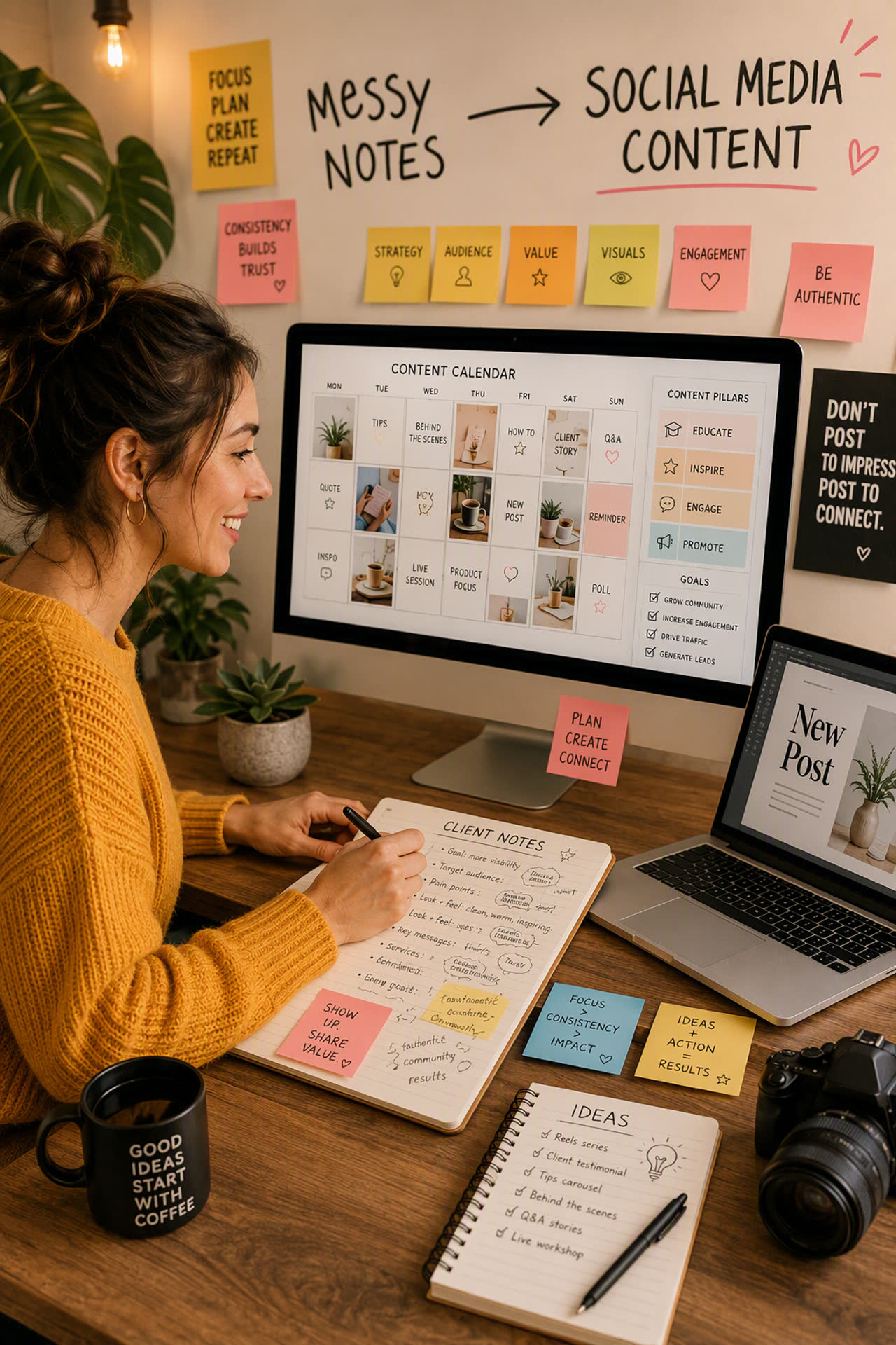 A freelance social media manager smiling at her desk while reviewing a content calendar on screen, with sticky notes on the wall behind her reading Messy Notes and Social Media Content